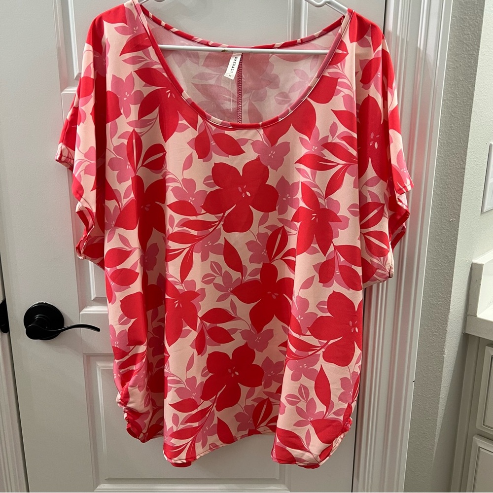 Emerald Red and Pink Floral Blouse